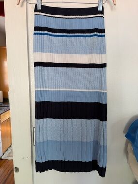 Striped Ribbed Maxi Skirt in Light Blue, Black & White